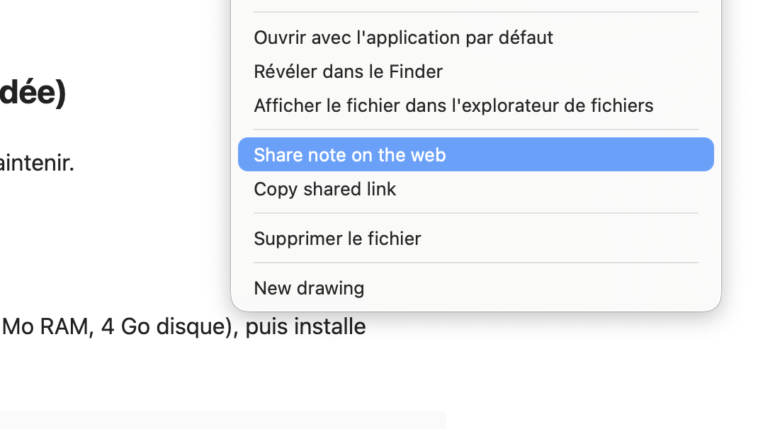 Menu contextuel Share note on the web