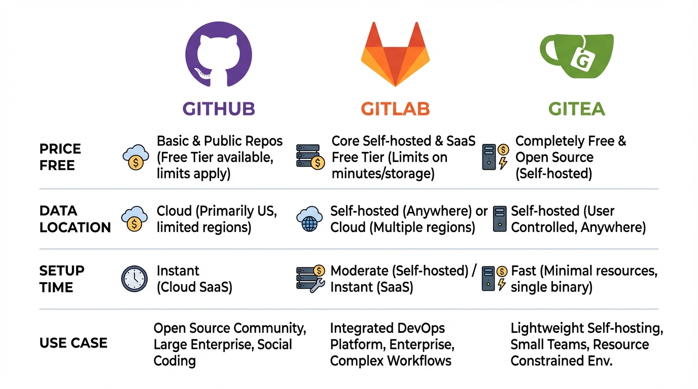 Comparatif GitHub vs GitLab vs Gitea — prix, hébergement des données, setup