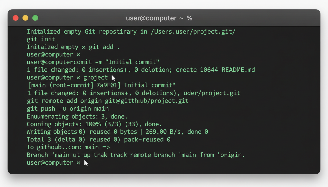 Terminal macOS avec les commandes git init, git commit et git push