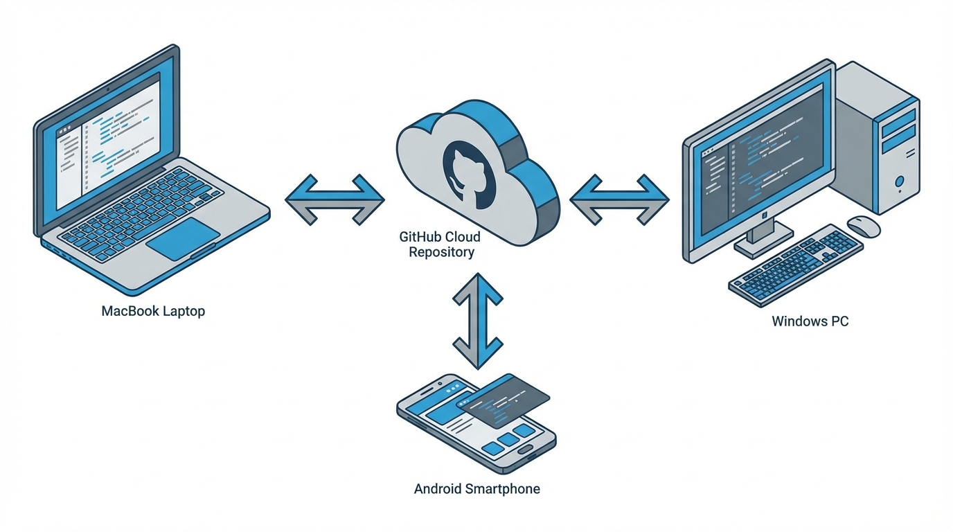 Schéma de synchronisation : MacBook, PC et Android reliés à un dépôt GitHub central